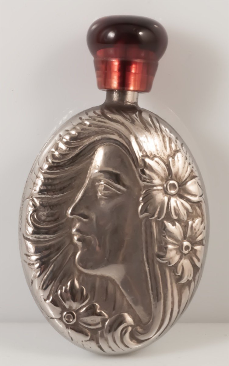 Flacon à Parfum Argent Massif Art Nouveau Tête De Femme