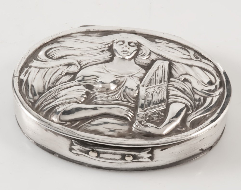 Boite à Pilules Argent Massif Art Nouveau Tête De Femme