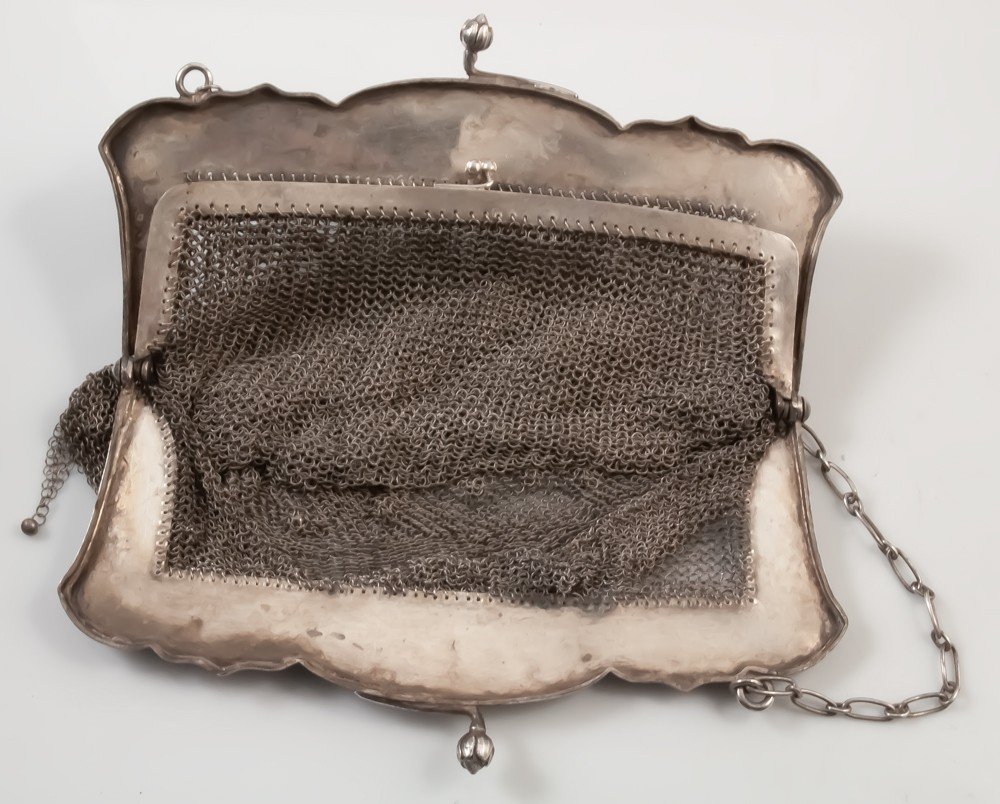 Silver Mesh Purse Bag Solid Silver 19th Century China-photo-4