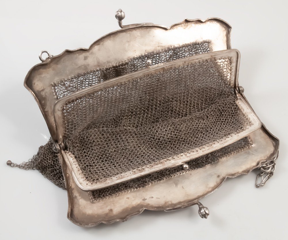 Silver Mesh Purse Bag Solid Silver 19th Century China-photo-1