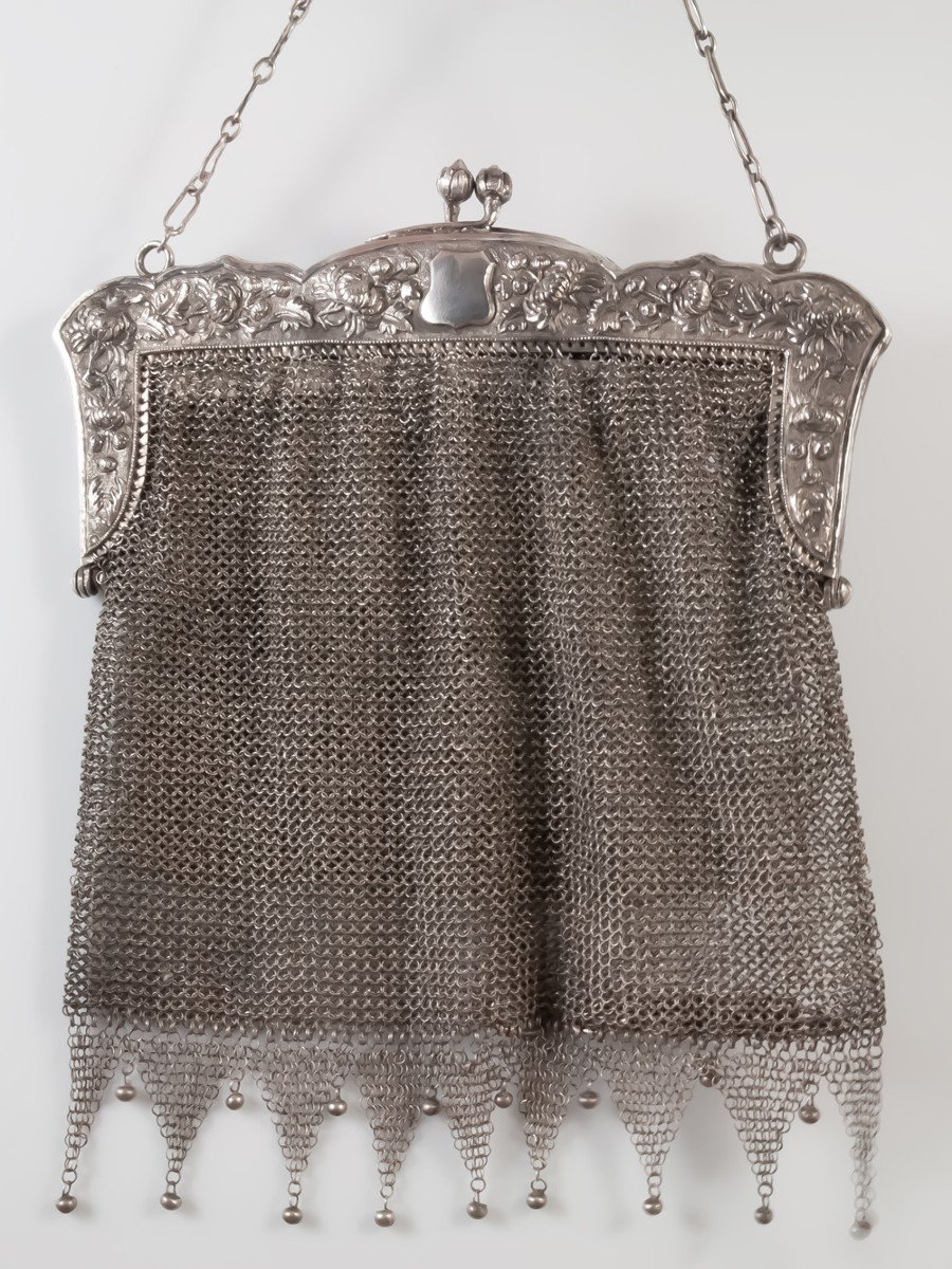 Silver Mesh Purse Bag Solid Silver 19th Century China-photo-3