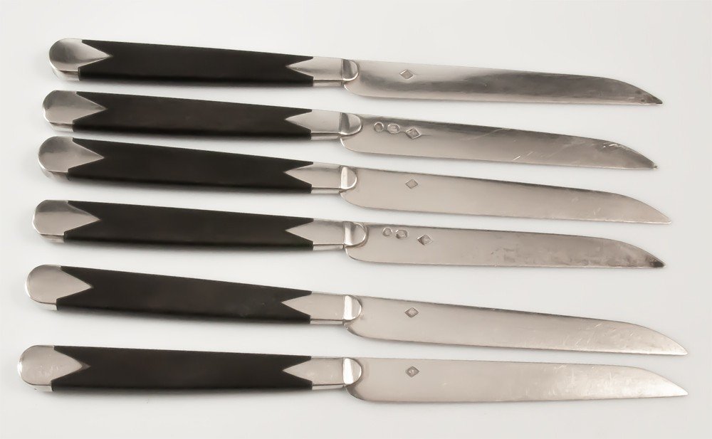 Six Empire Period Solid Silver Blade Fruit Knives-photo-3