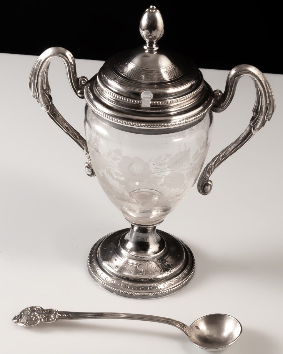 Mustard Pot In Engraved Crystal, Guilloché Silver Frame, Minerva Hallmark-photo-2