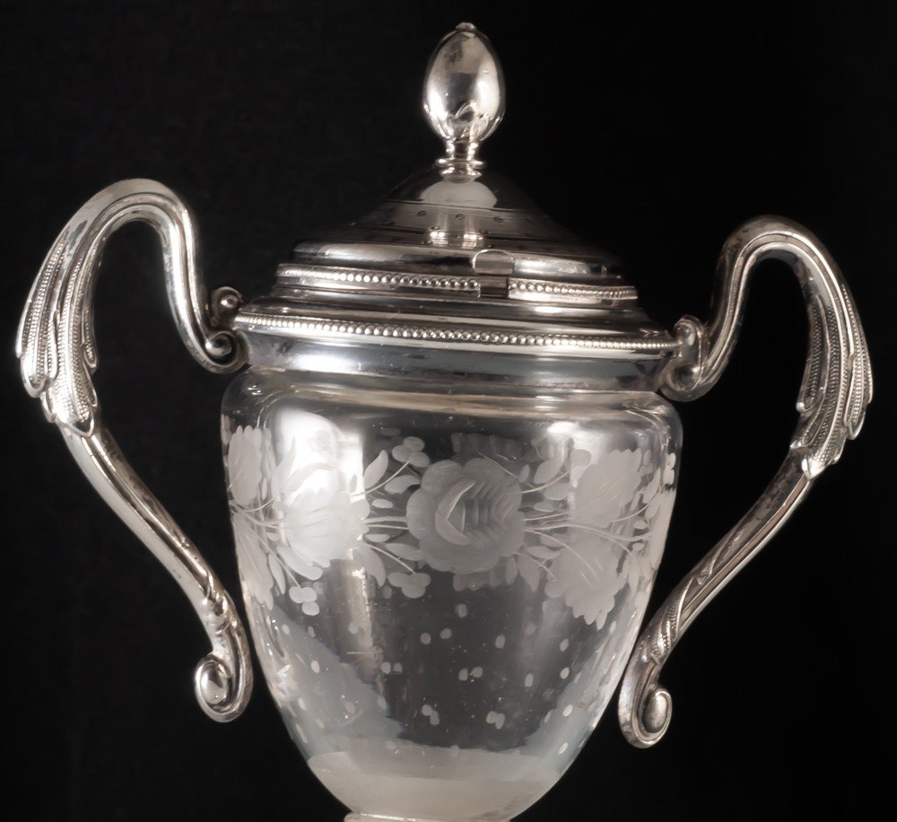 Mustard Pot In Engraved Crystal, Guilloché Silver Frame, Minerva Hallmark-photo-3