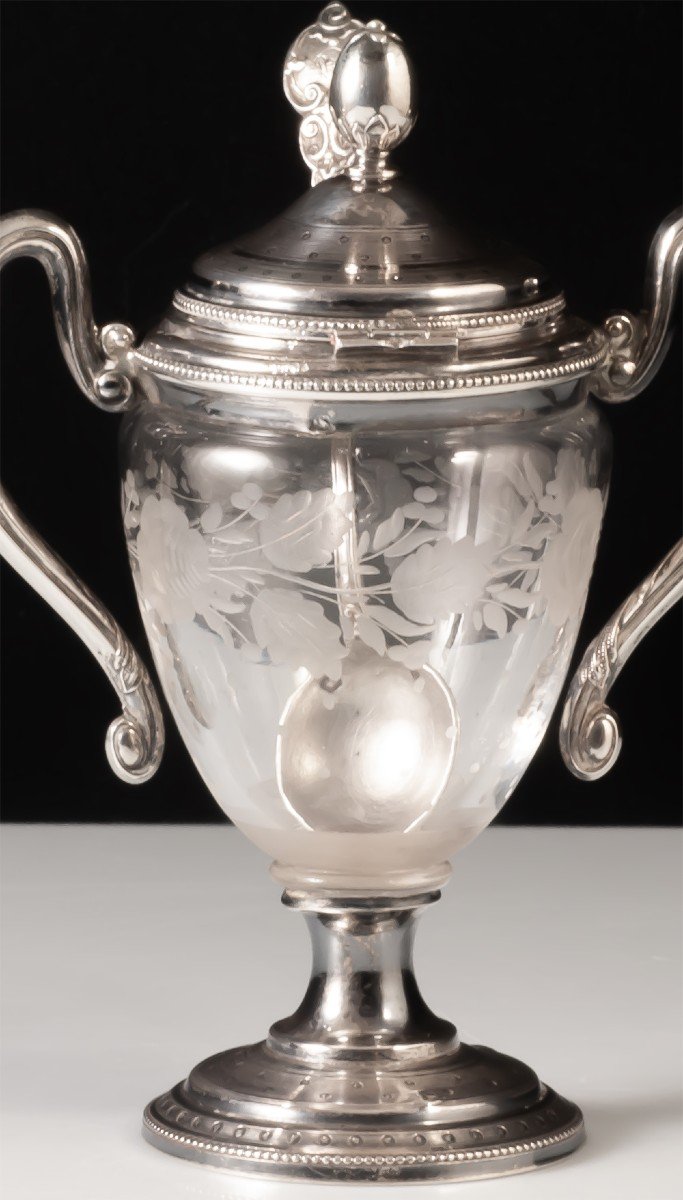 Mustard Pot In Engraved Crystal, Guilloché Silver Frame, Minerva Hallmark-photo-4