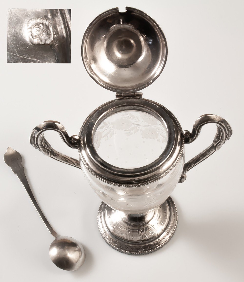 Mustard Pot In Engraved Crystal, Guilloché Silver Frame, Minerva Hallmark-photo-2