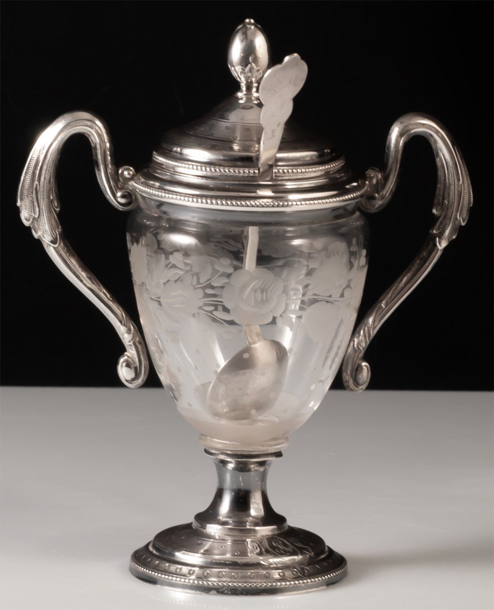 Mustard Pot In Engraved Crystal, Guilloché Silver Frame, Minerva Hallmark