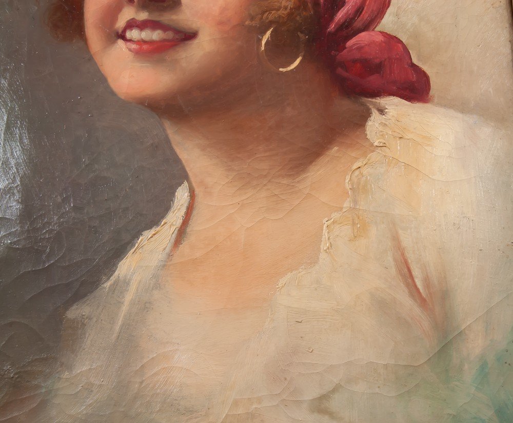 Emile Forlenza (1875-1948) Beautiful Italian Woman With Red Headdress Italian School-photo-4