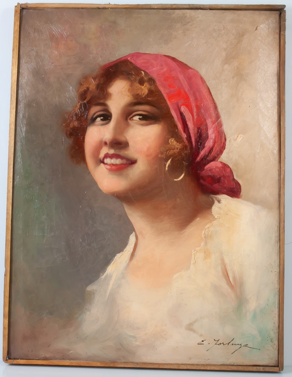 Emile Forlenza (1875-1948) Beautiful Italian Woman With Red Headdress Italian School