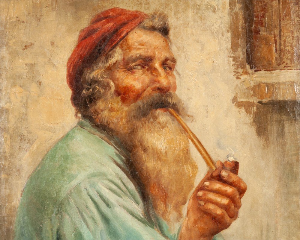 Raffaele Frigerio (1875-1948) Old Man Smoking A Pipe Italian School-photo-2