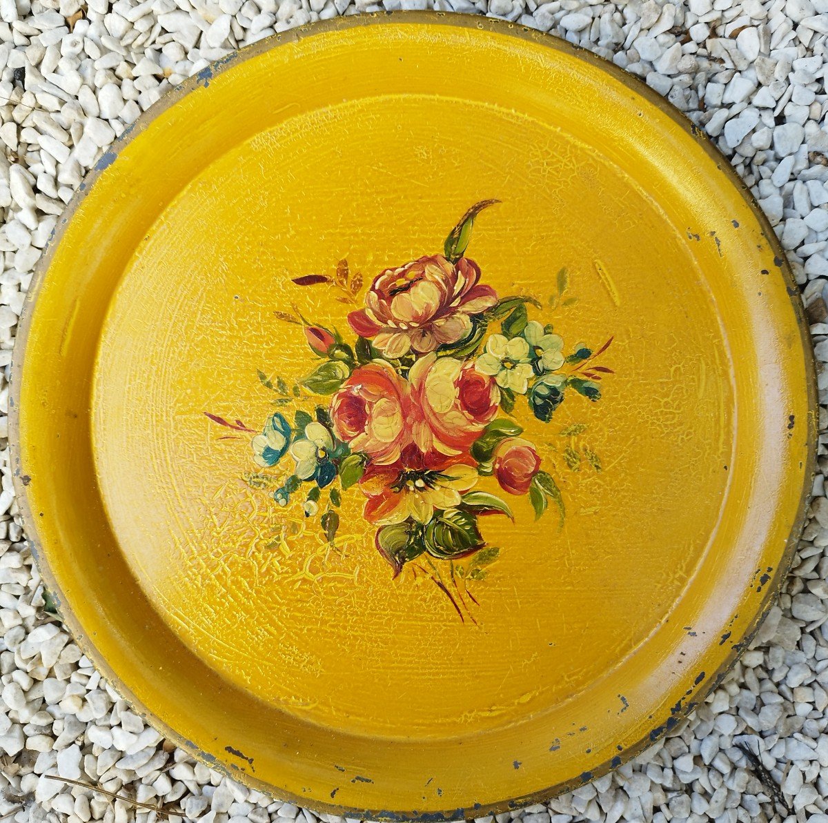 Yellow Tray In Painted Sheet Metal With Flower Decor D35cm-photo-2