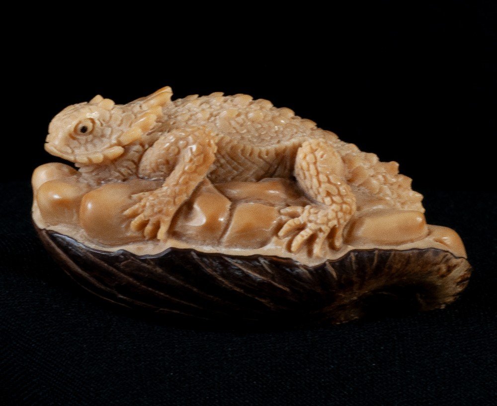 Lizard / Asian Iguana Monobloc Sculpture Tagua / Corozo Nut