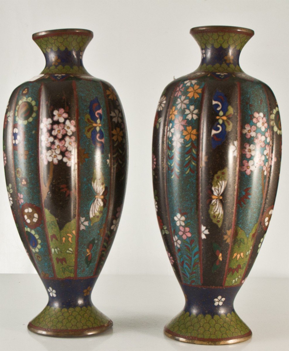 Paires De Vases En émail Cloisonné asiatiques Japon XIXe signés-photo-2