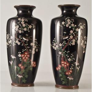 Pair Of Asian Cloisonne Enamel Vases Japan Art Nouveau