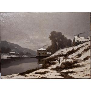 Robert T. Stuart: Paysage De Neige Animé / Peinture En Sepia  / AG 10