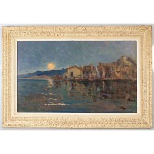 Joseph Meissonnier (1864-1943) " Les Martigues Lever De Lune Sur l'étang "