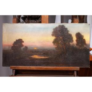 John Englehart (1867-1915) : Paysage Lacustre Au Crépuscule Ecole Américaine / Usa Ag36