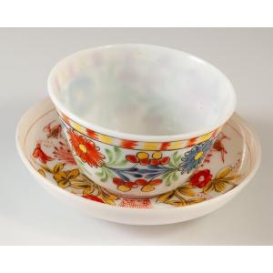 Sorbet And Its Saucer In Enamelled Opaline Germany 18th Century China / Japan Decor 3