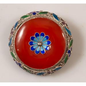 Chinese Agate And Enameled Silver Brooch