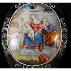 Holy Water Font The Holy Family Enamel On Copper Limoges XVIIth Jacques Laudin 