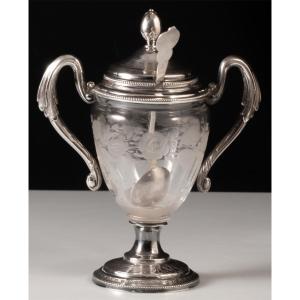 Mustard Pot In Engraved Crystal, Guilloché Silver Frame, Minerva Hallmark