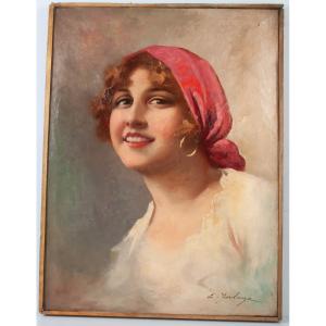 Emile Forlenza (1875-1948) Beautiful Italian Woman With Red Headdress Italian School