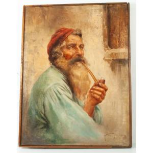 Raffaele Frigerio (1875-1948) Old Man Smoking A Pipe Italian School