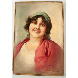 Domenico Forlenza (1880-1934) Belle Italienne à La Coiffe Rouge école Italienne