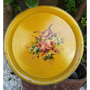 Yellow Tray In Painted Sheet Metal With Flower Decor D35cm