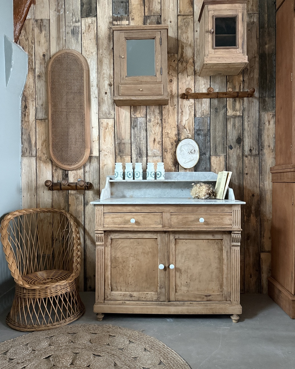 Ancien Meuble De Salle De Bains En Bois Et Marbre (rénové)