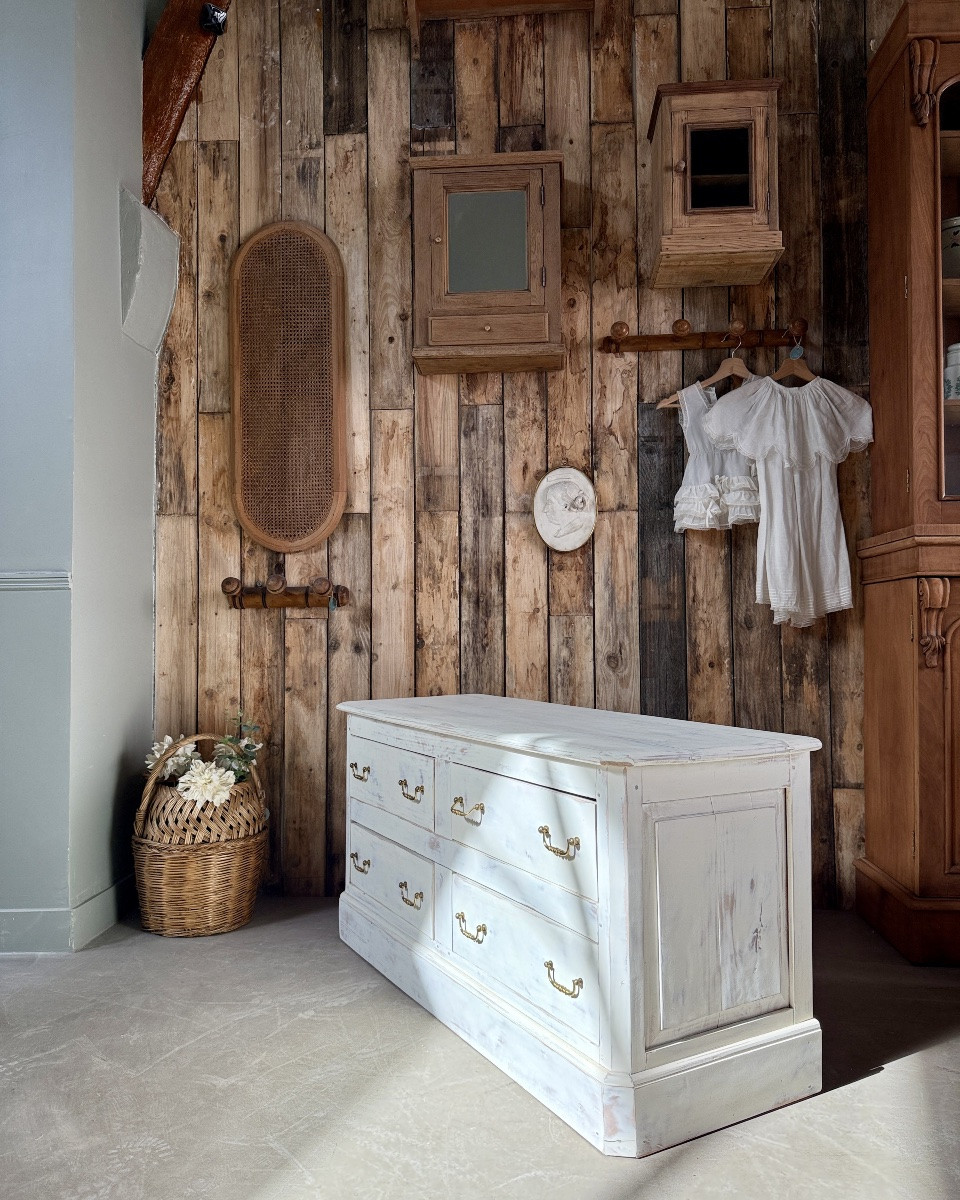 Antique Low Sideboard With White Patina-photo-3