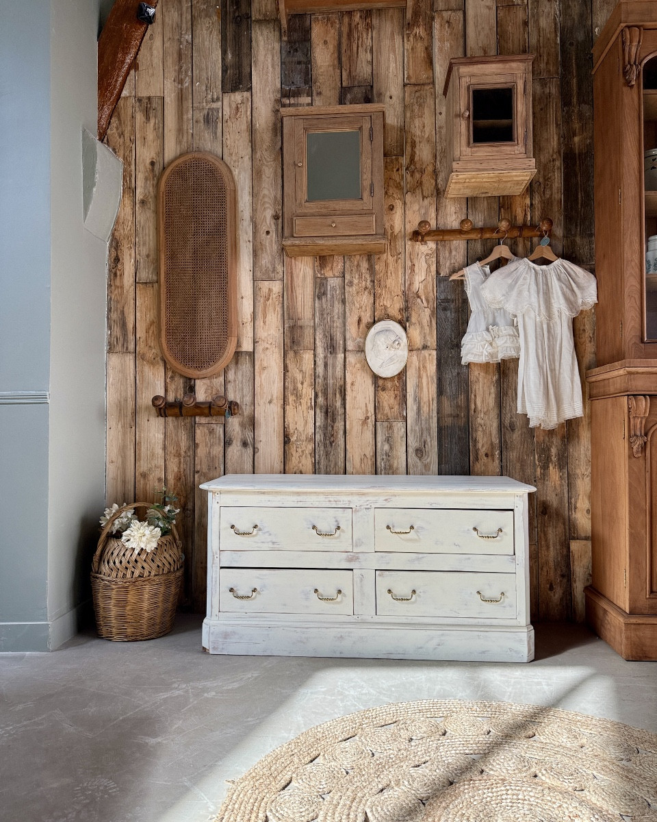 Antique Low Sideboard With White Patina