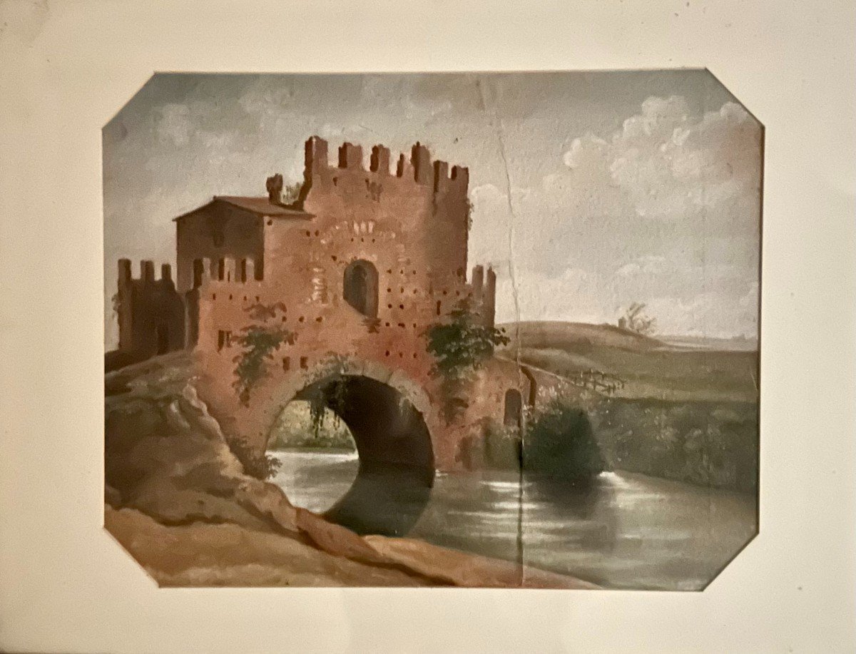 Pair Of Italian Watercolors On Cardboard, 19th Century, Unsigned.-photo-4