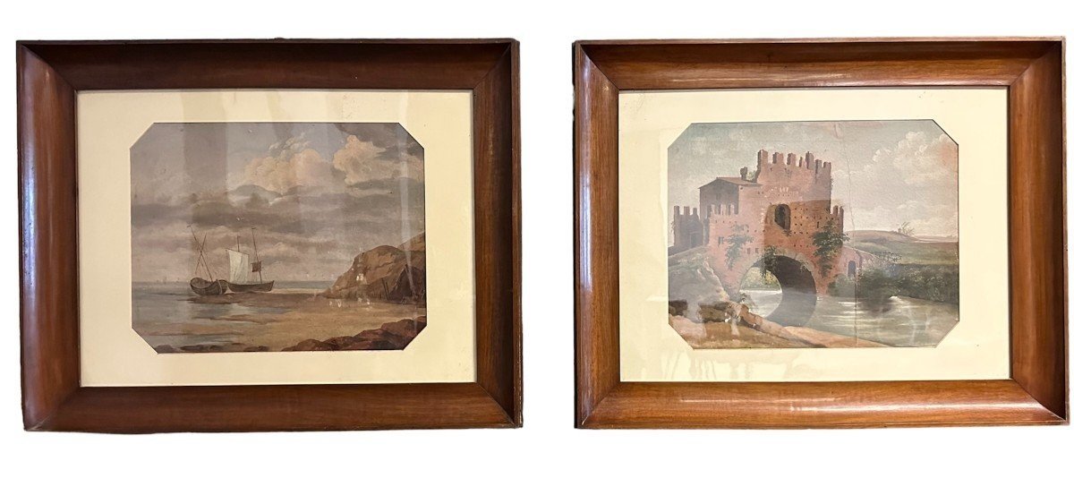 Pair Of Italian Watercolors On Cardboard, 19th Century, Unsigned.