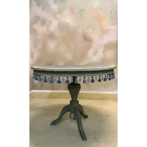 Wooden Table Decorated With Textile Applications Of Italian Trimmings, Hand-lacquered With Natu