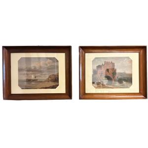 Pair Of Italian Watercolors On Cardboard, 19th Century, Unsigned.