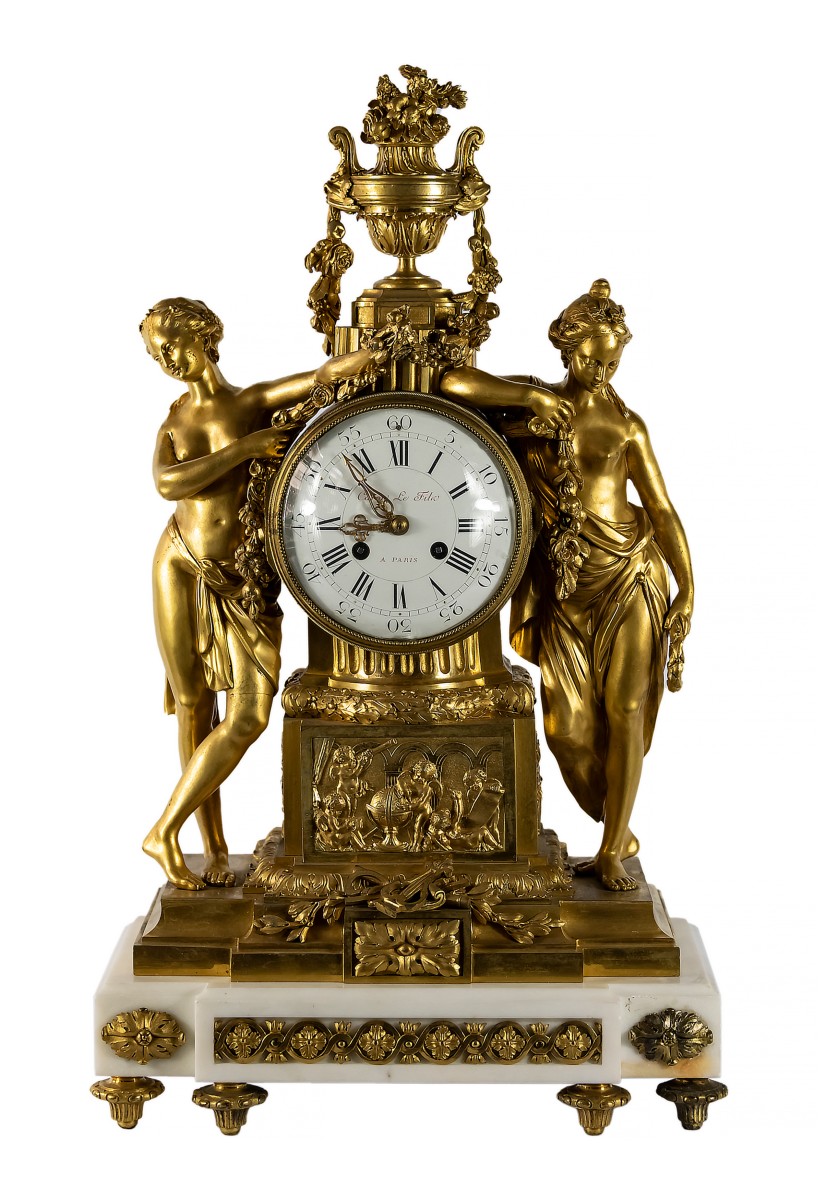 19th Century French Gilt Bronze And Marble Mantel Clock Caron Le Fils In Paris