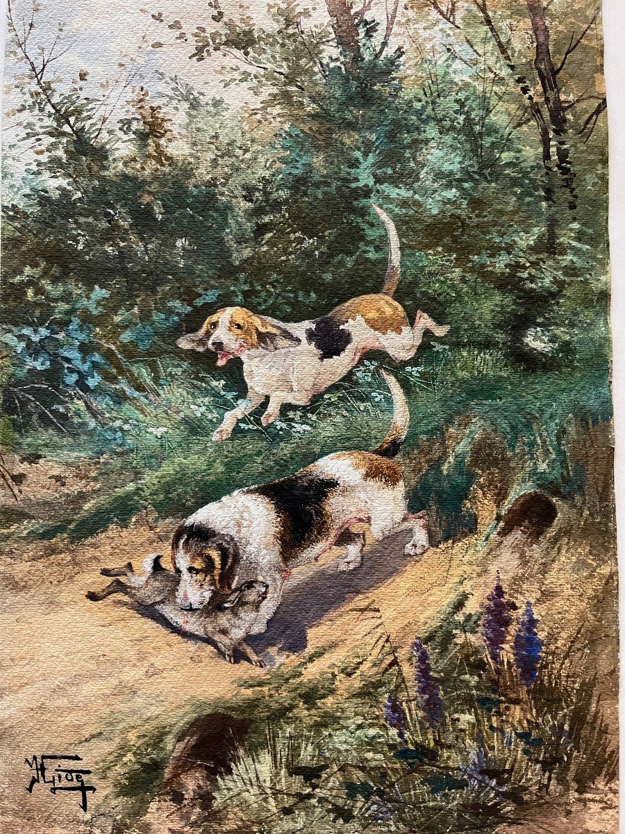 Watercolor Hunting Dogs And Hare Signed H. Gide XIX-photo-2