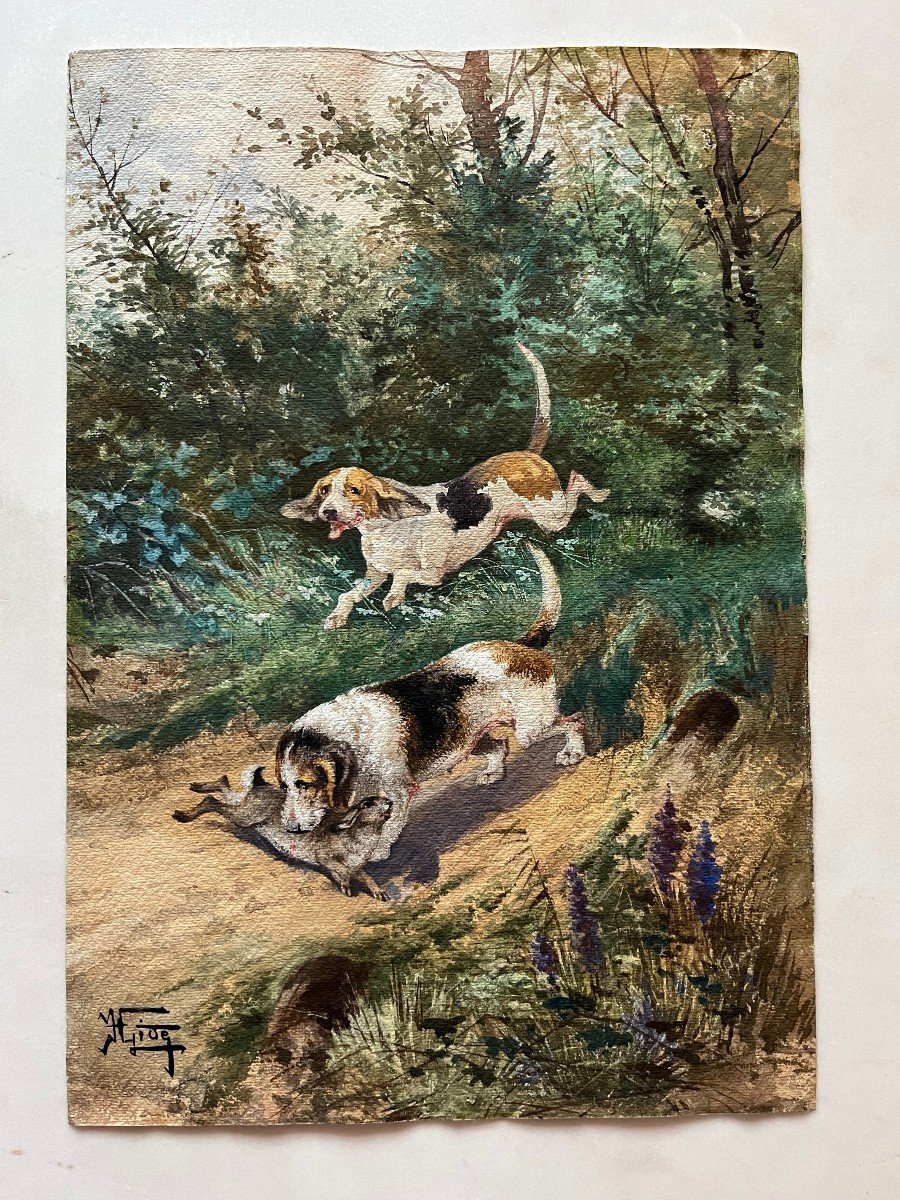 Watercolor Hunting Dogs And Hare Signed H. Gide XIX