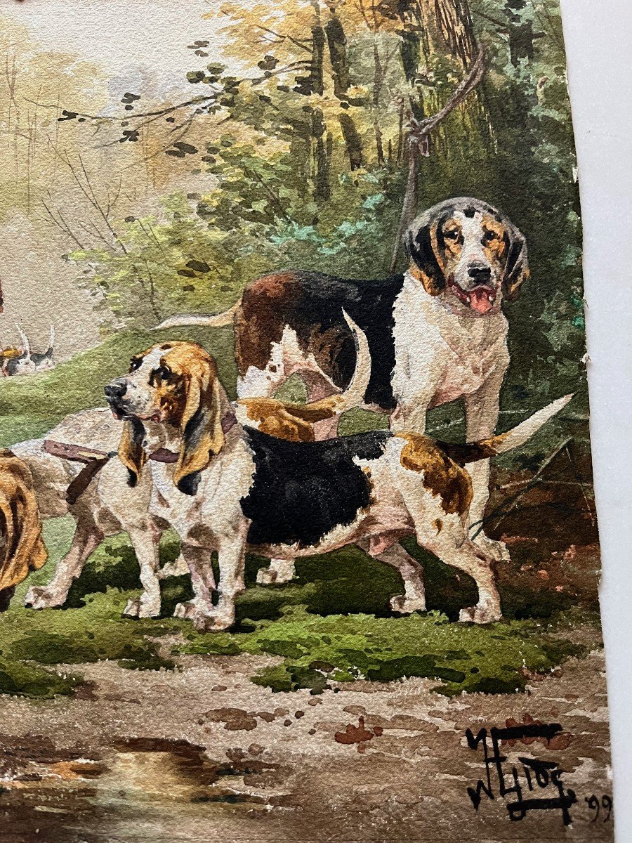 Watercolor Basset Hounds Signed H. Gide XIX-photo-2