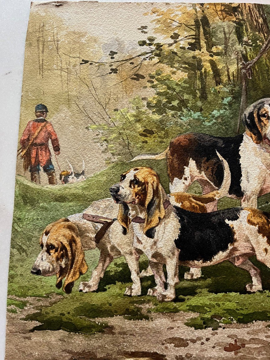 Watercolor Basset Hounds Signed H. Gide XIX-photo-3