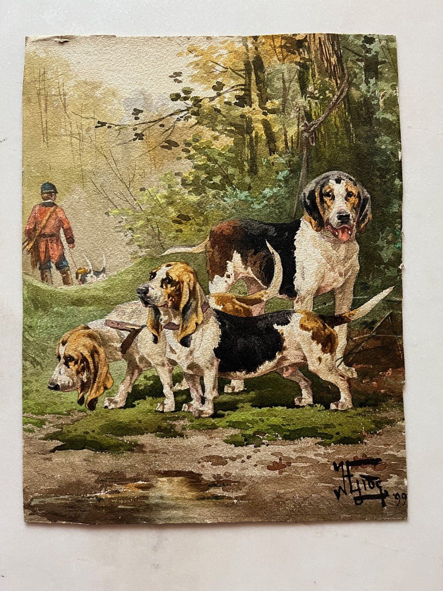 Watercolor Basset Hounds Signed H. Gide XIX