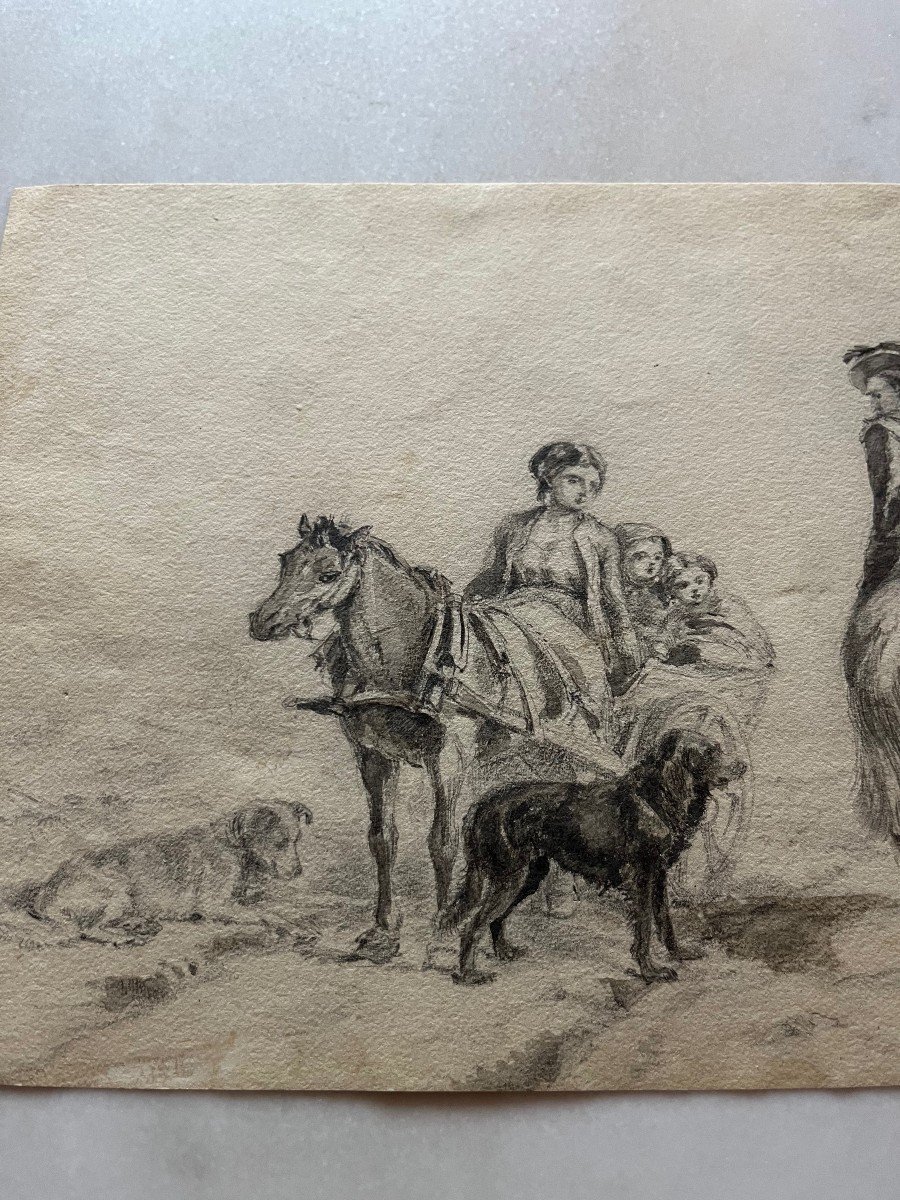 Dessin Femme Dans Une Charette Et Homme à Cheval. Signé Tourgueneff  -photo-2