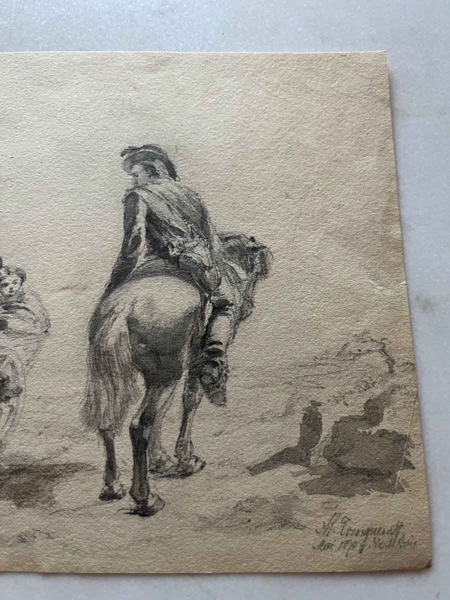 Dessin Femme Dans Une Charette Et Homme à Cheval. Signé Tourgueneff  -photo-3