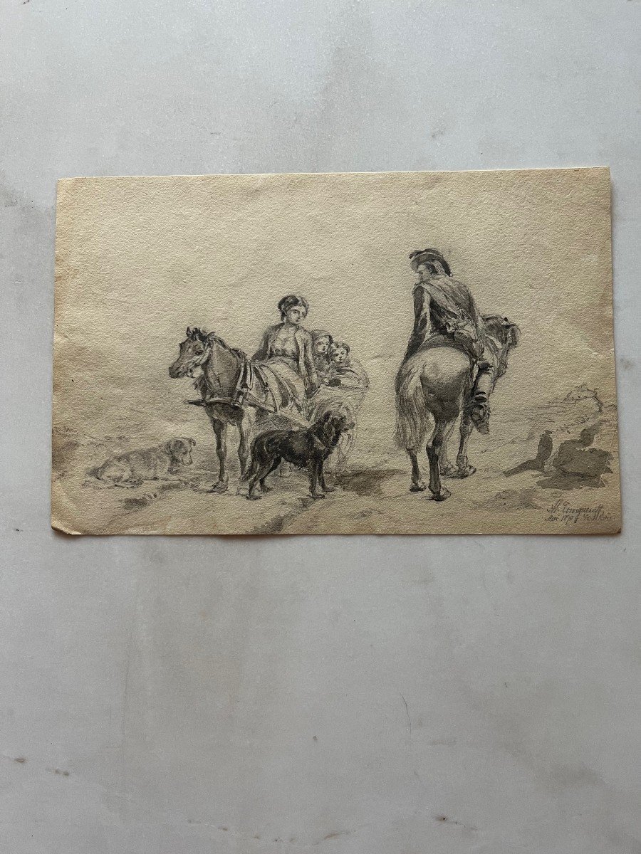 Dessin Femme Dans Une Charette Et Homme à Cheval. Signé Tourgueneff  