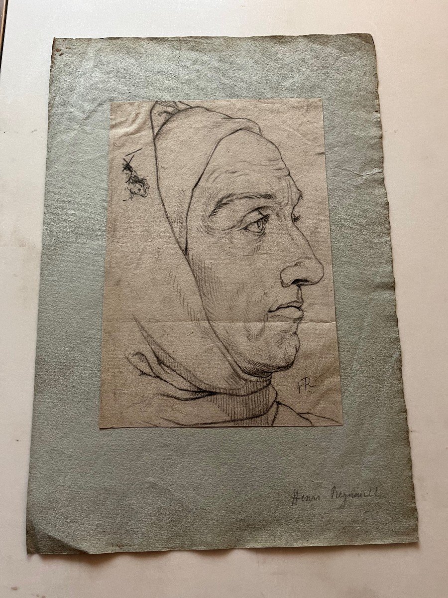 Drawing Profile Of A Man With A Hood Attributed To Henri Regnault XIX-photo-2