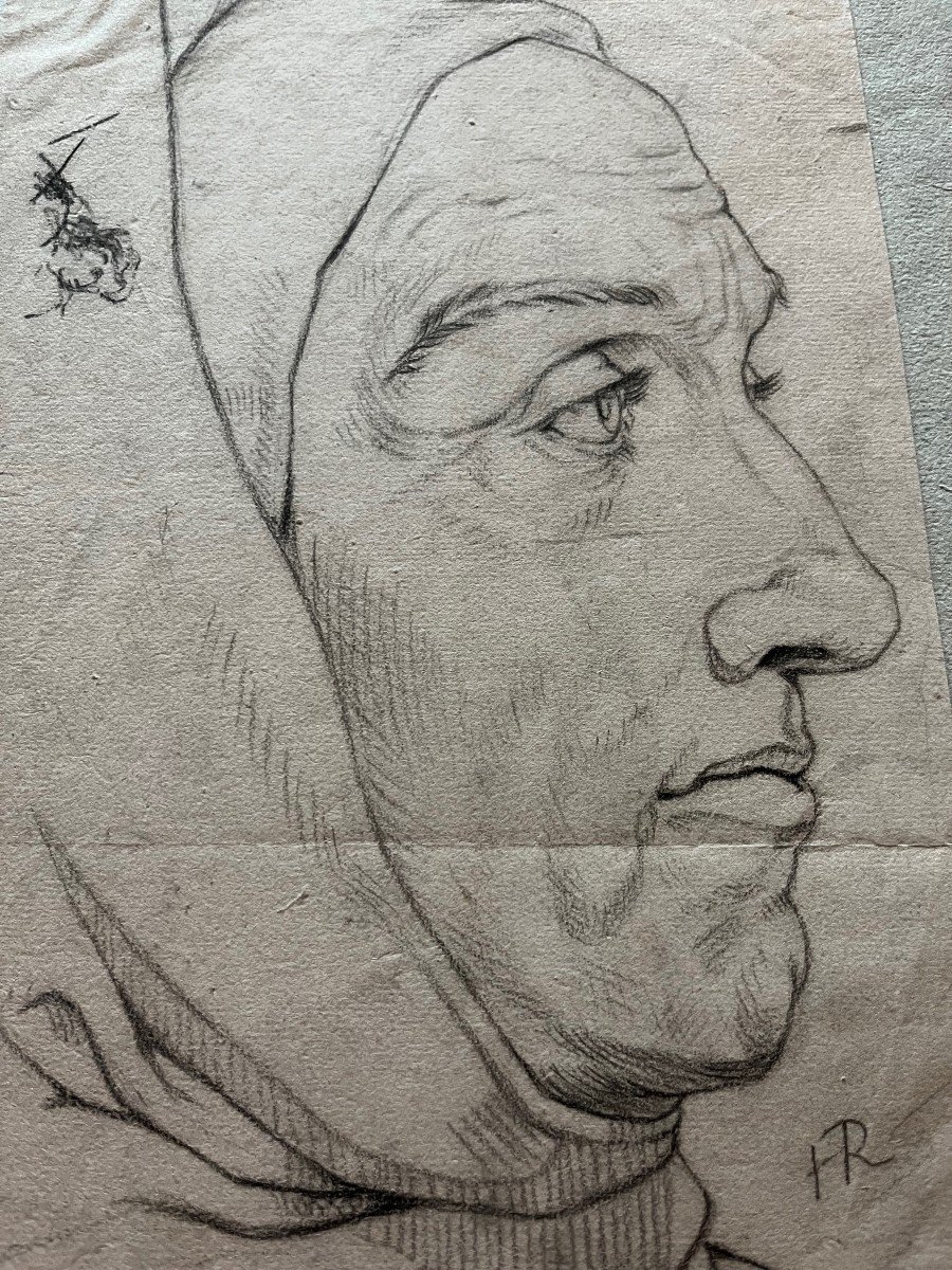 Drawing Profile Of A Man With A Hood Attributed To Henri Regnault XIX-photo-4