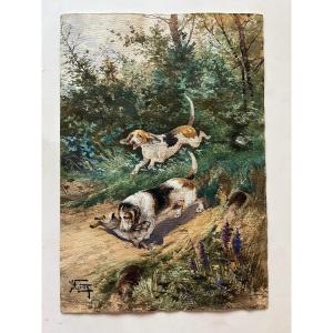 Watercolor Hunting Dogs And Hare Signed H. Gide XIX