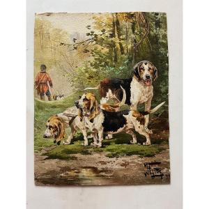 Watercolor Basset Hounds Signed H. Gide XIX