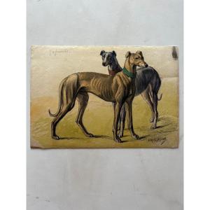 Watercolor Greyhounds Dogs Signed Em Samson XIX-xx